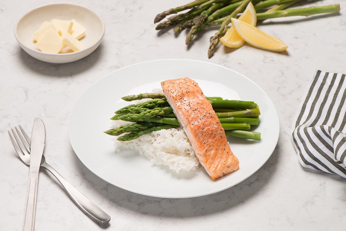 Roasted Norwegian Salmon with Rice Pilaf and Steamed Asparagus
