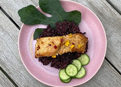 Miso Maple Norwegian Cod with Fig Leaf Rice and Cucumbers