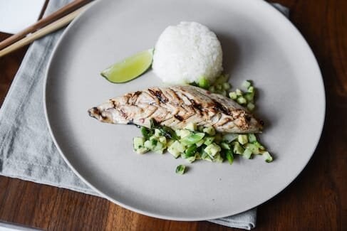 Grilled Norwegian Mackerel with Avocado Cucumber Relish and Seasoned Sushi Rice