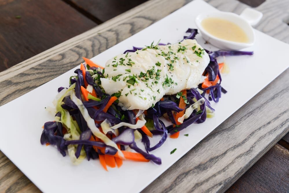 Baked Skrei and Vegetables in a White Wine–Shallot Sauce