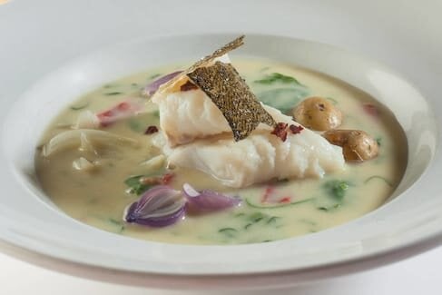 Skrei, Roasted Pepper and Fennel Chowder with Wilted Greens