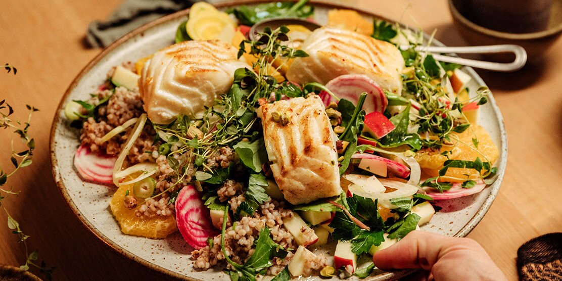 Norwegian cod with barley rice salad, beets and orange