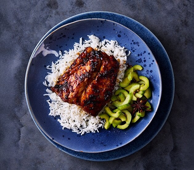Sticky soy and ginger Norwegian cod with steamed rice and pickled cucumber