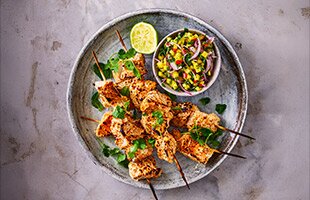 Tandoori Norwegian cod skewers with fresh mango relish and roti