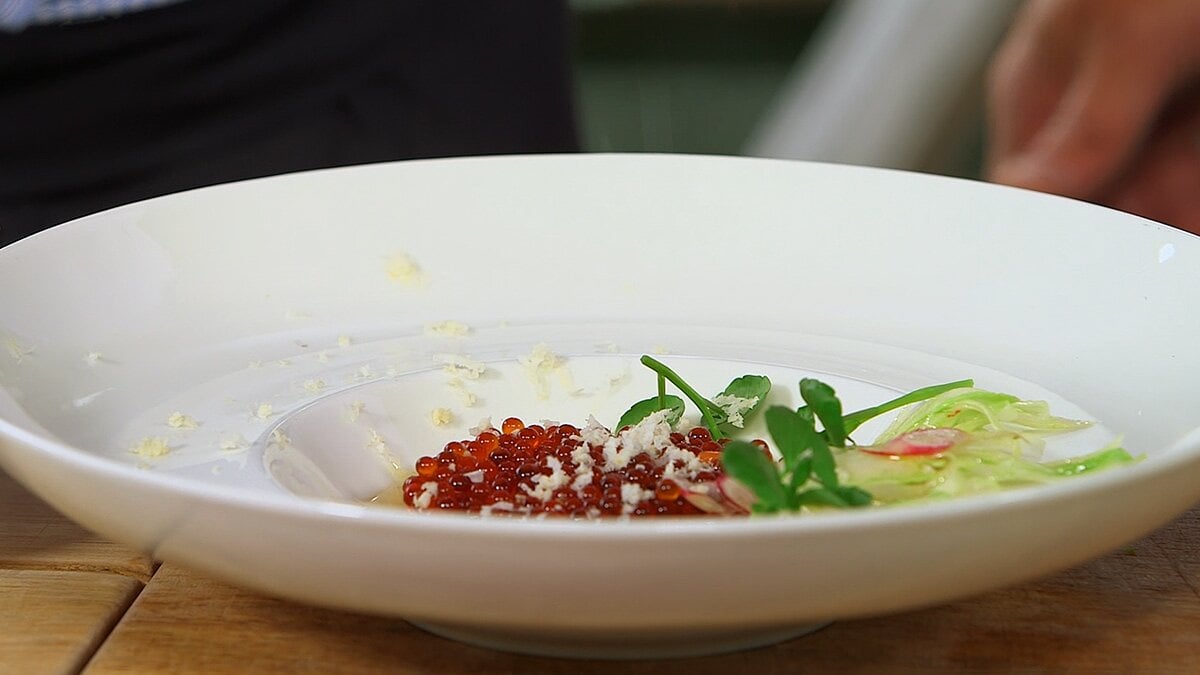 Tartare of Norwegian Steelhead Trout with Tapioca Pearls and Blue Mussel Broth