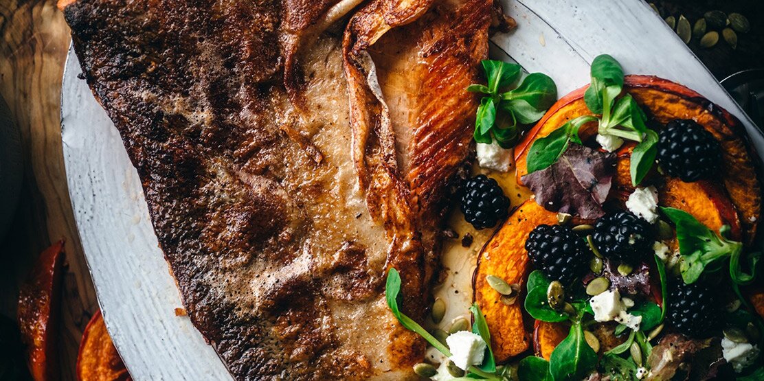 Pan-Seared Steelhead Trout with Roasted Pumpkin, Blackberries & Goat Cheese