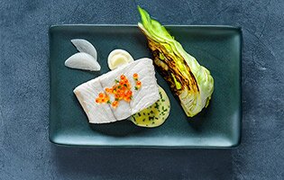 Steamed Halibut with grilled spring cabbage
