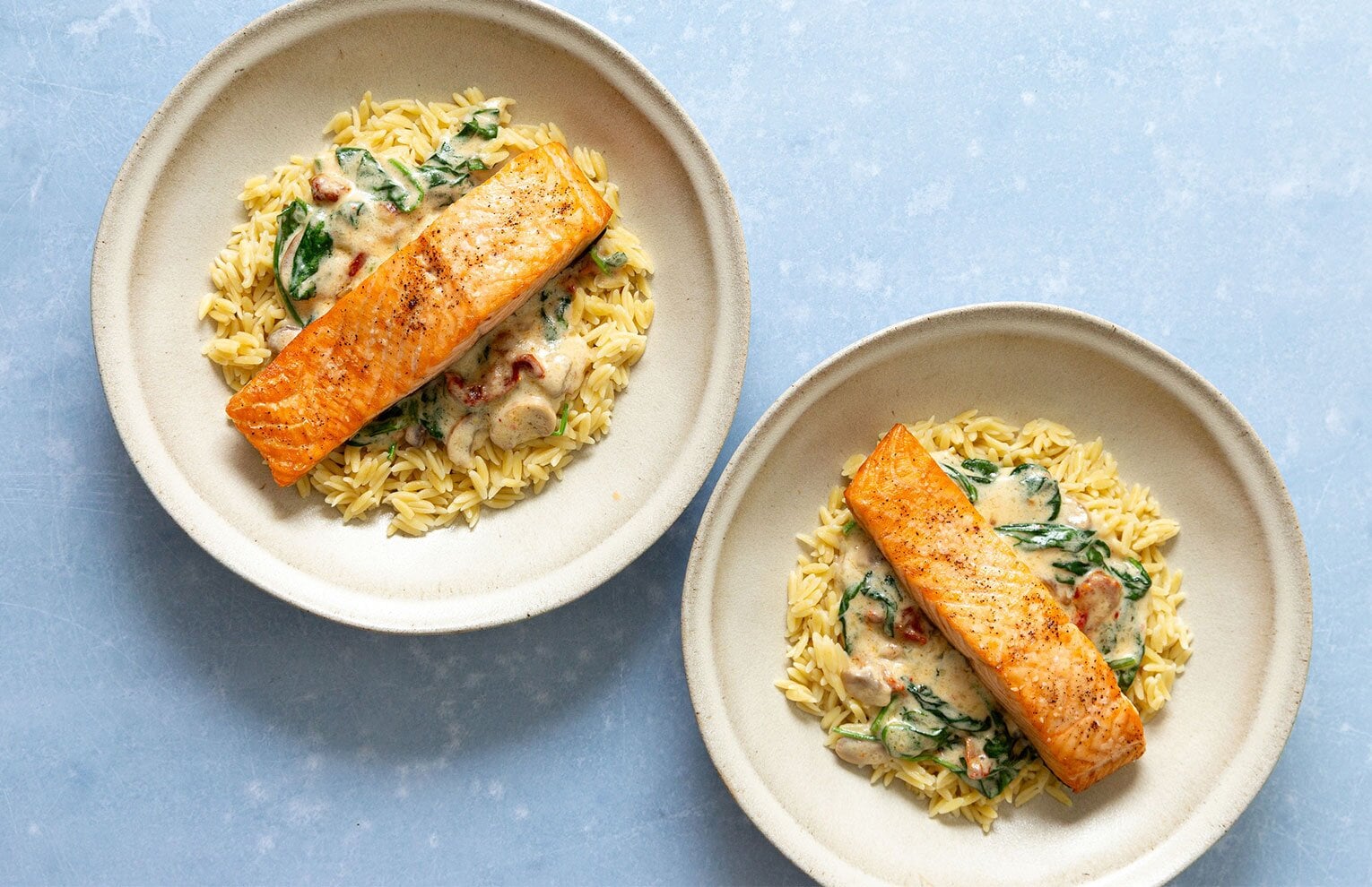 Air-fried salmon over a bed of orzo and a rich creamy sauce, with mushrooms and sundried tomatoes.
