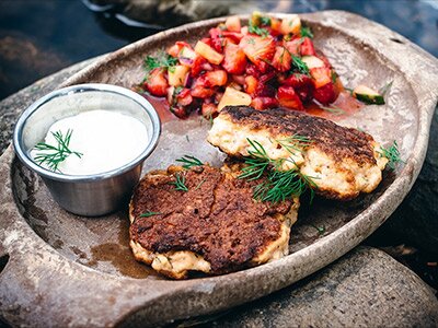 Salmon Fish Cakes with Garlicky Mayo & Strawberry Salsa