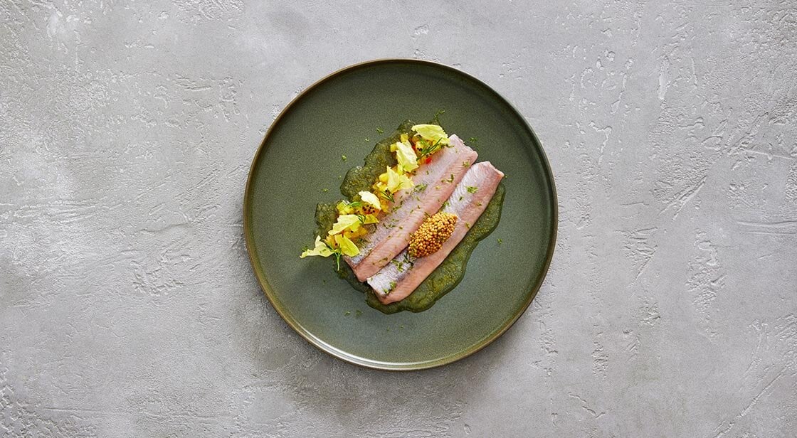 herring dish on grey background